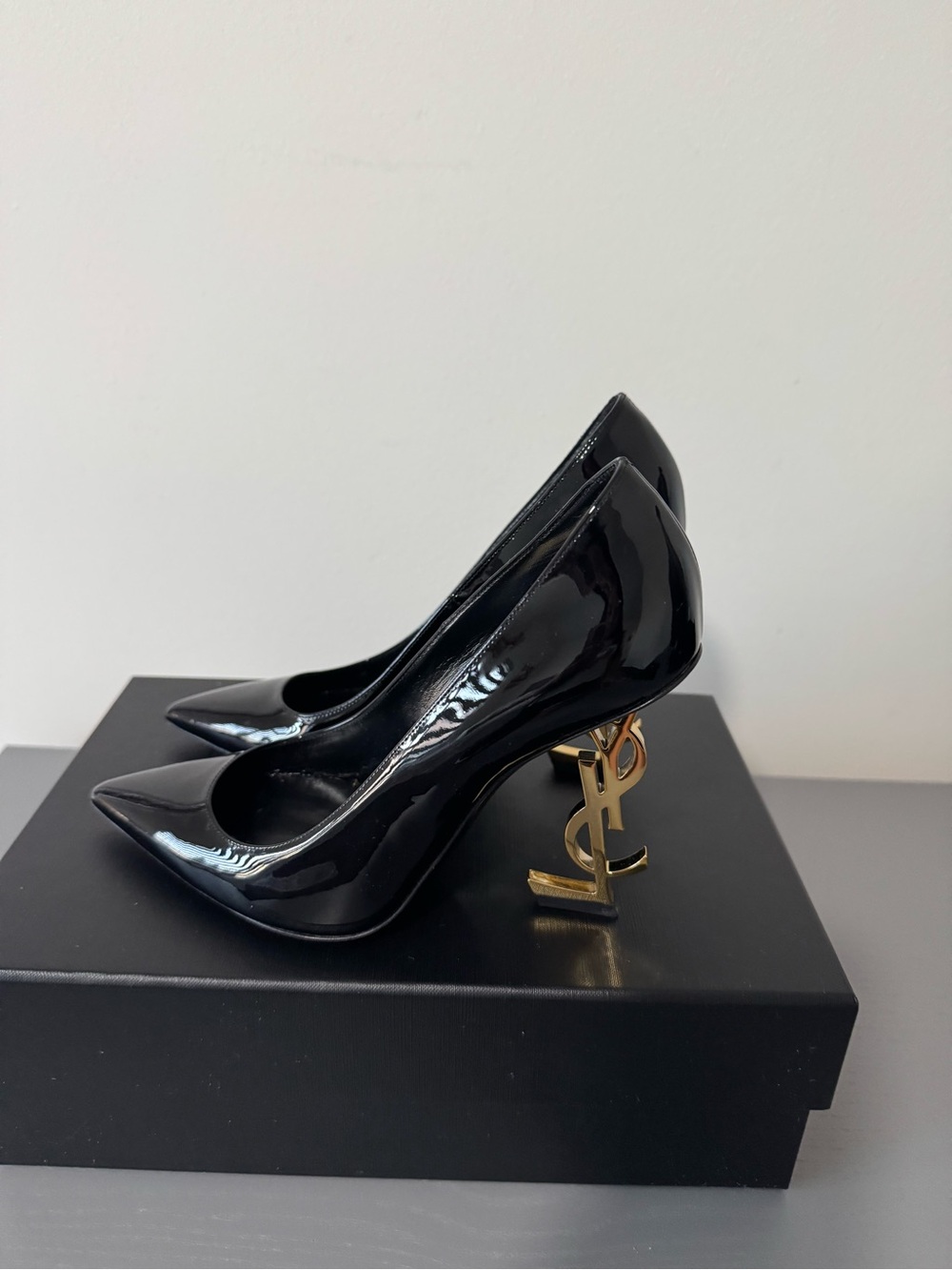 Saint Laurent Black Patent Leather Heels with Gold YSL Logo Heel